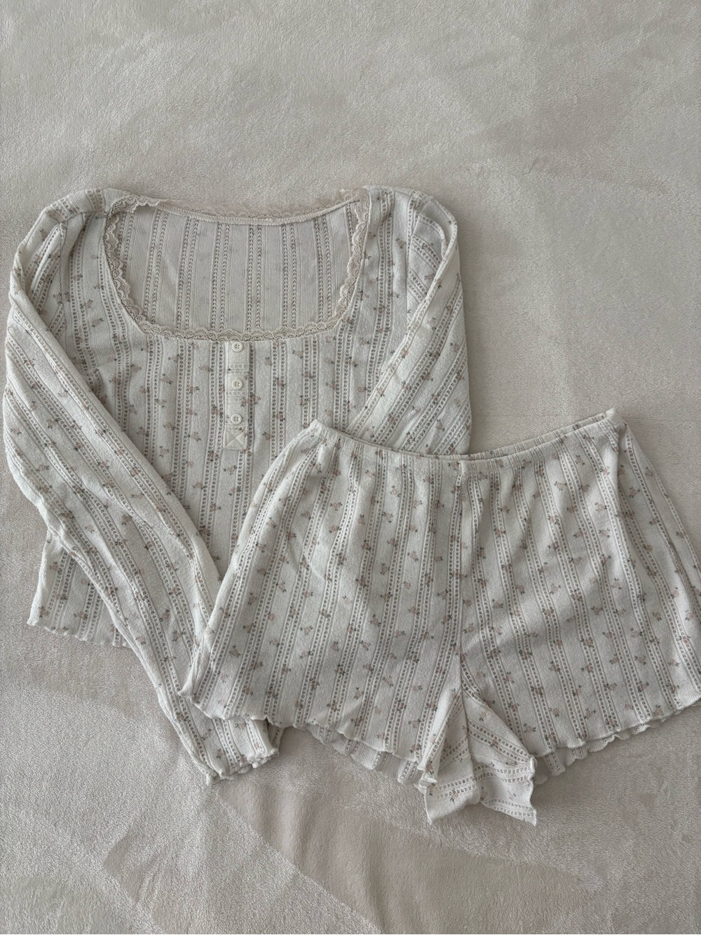 White Pointelle Floral Pajama Shorts and Long Sleeve Set